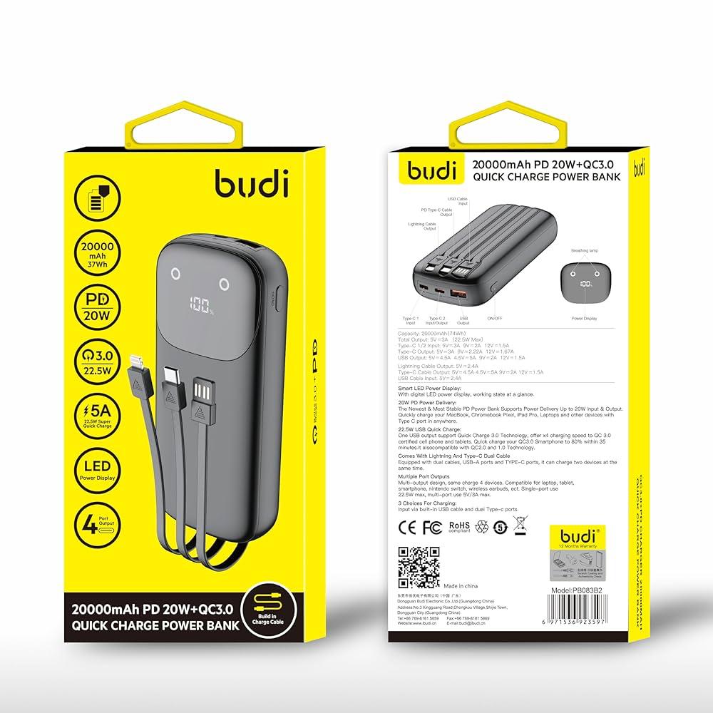 Budi 20000mAh 20W PD & QC3.0 Fast Charge Power Bank