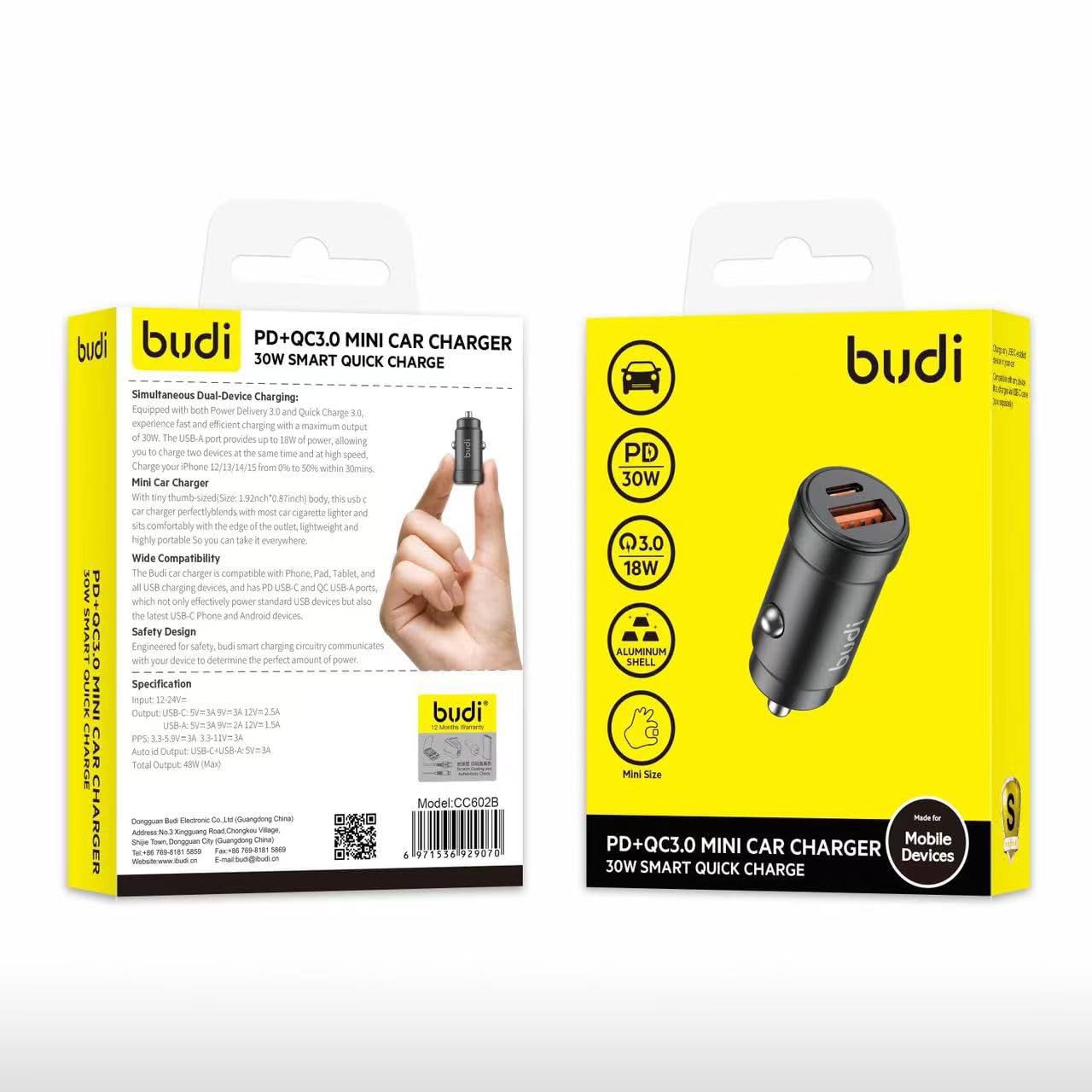 Budi PD + QC3.0 Mini Car Charger, 30W Dual‑Port (USB‑C & USB‑A)